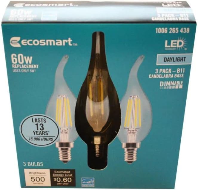 EcoSmart Izzók EcoSmart 60 Wattos Egyenértékű B11 Szabályozható Láng Hajlított Tipp Átlátszó Üveg Gyertyatartó LED-es Évjárat