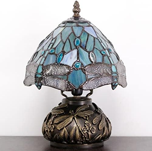 RHLAMPS Kis Tiffany Lámpa W8H11 Hüvelyk Tenger Kék ólomüveg Szitakötő Stílusú asztali Lámpa Bronz Gomba Típusú Lámpa Mini