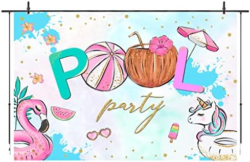 Nyári Medence Parti Hátteret Lányok Egyszarvú Flamingo Úszás Party Fotózás Dekoráció Lány Akvarell Édes Sütemény Táblázat