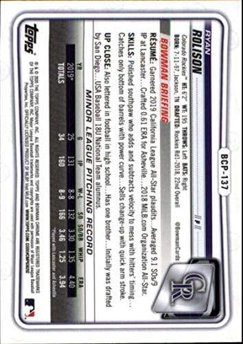 2020 Bowman Chrome Kilátások BCP-137 Ryan Rolison RC Újonc Colorado Rockies MLB Baseball Trading Card