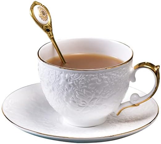 Kerámia Bögre, Csészealj Szett Kanállal Virág Tea Csésze Arany Dombornyomott Tökéletes Délutáni Tea Csésze 350Ml