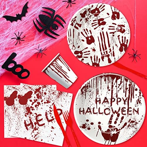 HIPVVILD Véres Halloween Party Kellékek - Félelmetes Halloween Party Dekoráció Étkészlet, Tányér, Pohár, Szalvéta, Terítő,