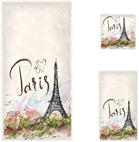 Naanle Elegáns Eiffel-Torony Párizs Művészi Festmény Puha Luxus Díszítő Készlet 3 Törülköző, 1 fürdőlepedő+1 kéztörlő+1 Mosogatórongy,