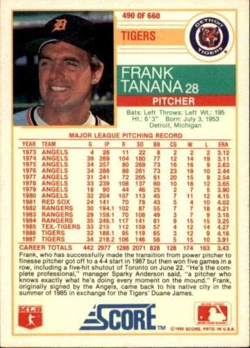 Frank Tanana Aláírt 1988 Score Card 490 Detroit Tigers - Baseball Asztalon Dedikált Kártyák