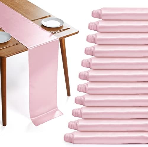 Cobedzy 12 Pack Blush Pink Szatén asztali Futók, 12 x 108 Hüvelyk Selymes Esküvői asztali Futó, Luxus asztali Futó Díszek