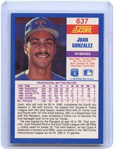 Juan Gonzales Újonc Kártya 1990 Pontszám 637 Texas Rangers - Hajók Menta Új Jogosultja