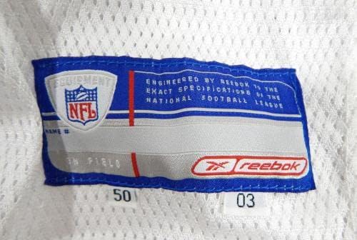 2003-ban a San Francisco 49ers Üres Játék Kiadott Fehér Jersey 50 DP33495 - Aláíratlan NFL Játék Használt Mezek