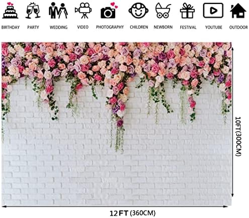LTLYH 12x10ft Fehér Tégla Fal Hátteret, Rózsaszín Virágok Hátterekkel, Lányok, Szülinapi Parti Gyomlálás leánybúcsú Évfordulós
