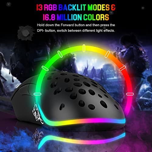 MAGIC-FINOMÍTÓ Vezetékes Ultrakönnyű PC Gaming Mouse Oldalsó Gombokkal RGB Háttérvilágítású, Lépesméz Súly Tuning,Extra Cserélhető