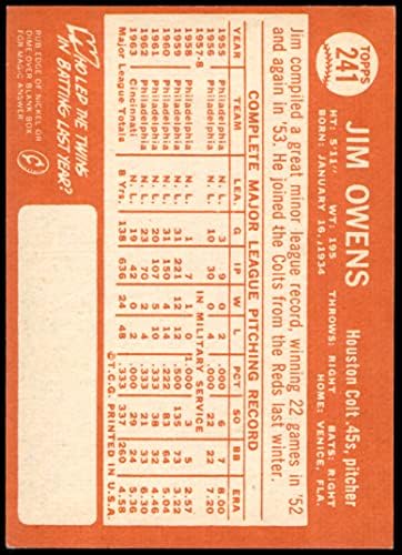 1964 Topps 241 Jim Owens Houston Colt 45 (Baseball Kártya) EX Colt 45 -