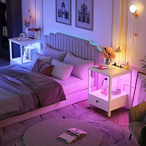 Ecoprsio Fehér Éjjeliszekrény Szett 2-Töltő Állomás, valamint LED-es Lámpák, Modern Éjszakát Állni, Éjjeliszekrény, Tároló